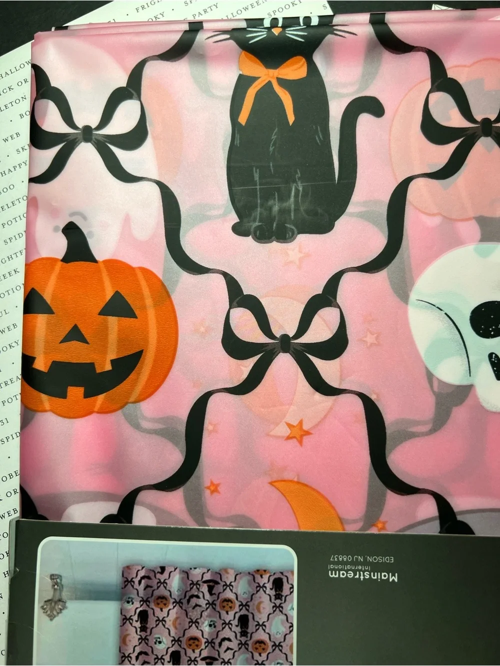Pink Halloween Peva Shower Curtain Black Ribbon Bows Ghost Pumpkin Cat Witch Hat
